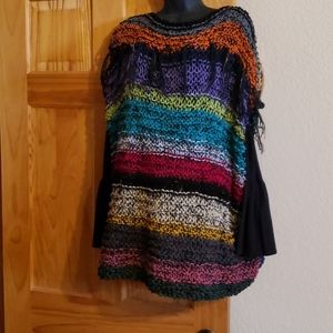 Handknit fringed multicolored serape poncho NWT